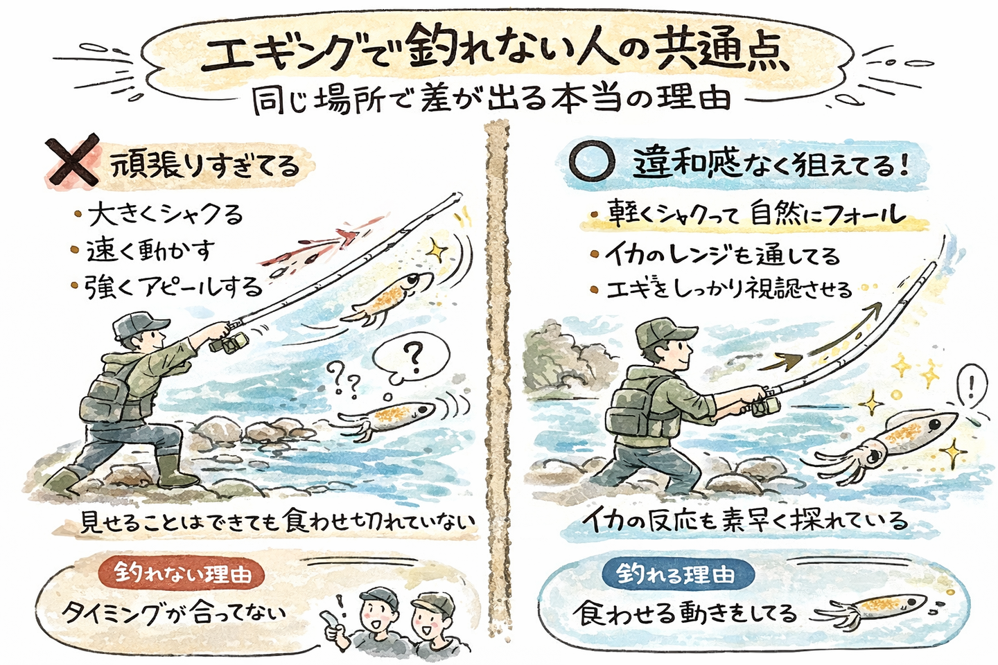 エギングはイカに食い気があれば90％釣れる｜それでも釣れないなら何かが違うを説明したイラスト