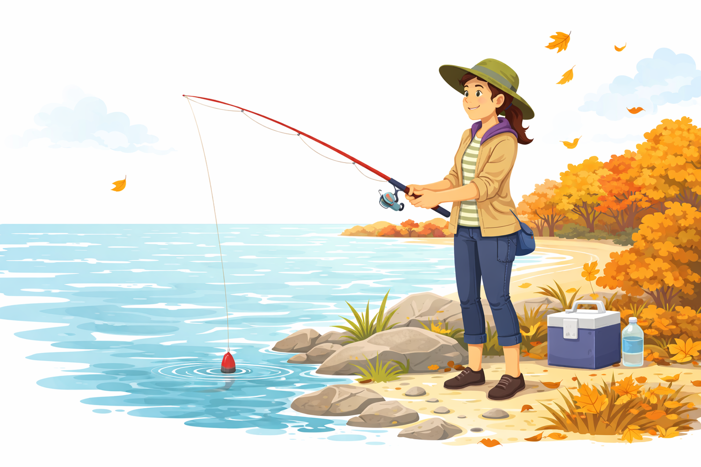 秋の服装で海釣りをする人