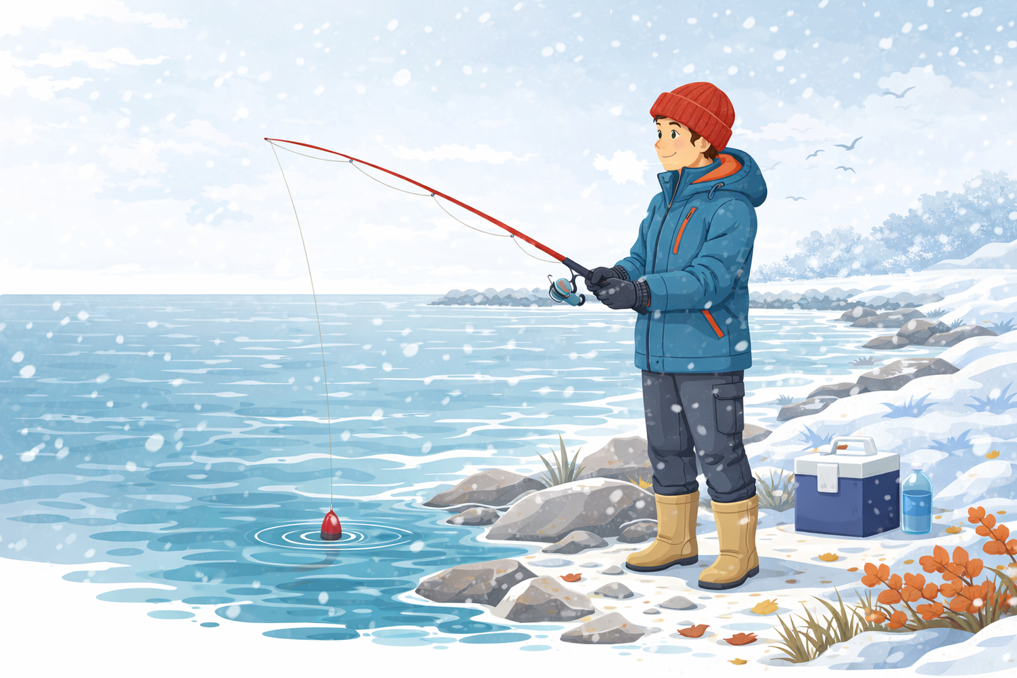 冬の服装で海釣りをする人