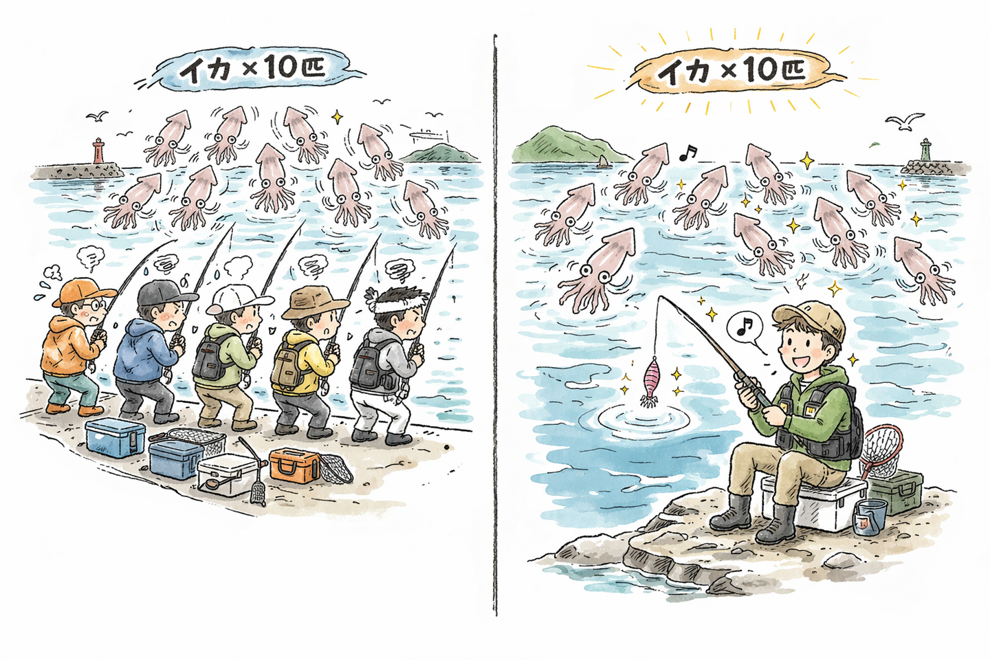 なぜ２号や２．５号が釣れる？を説明したイラスト