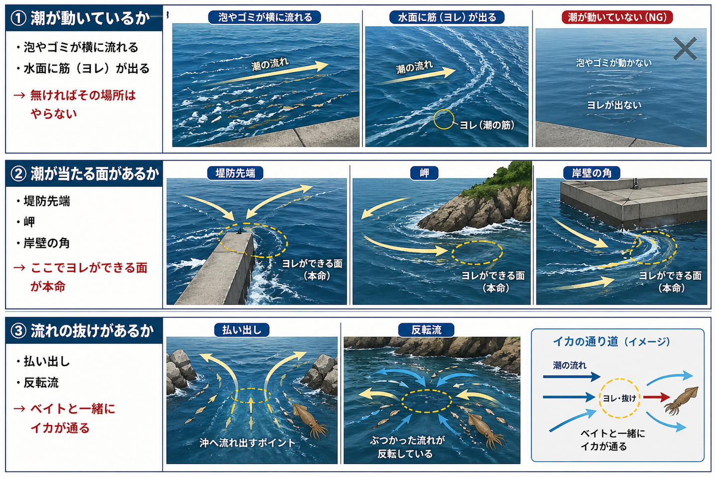 外房エギング 潮の筋・当たり面・払い出しの見分け方（回遊ポイントの条件）